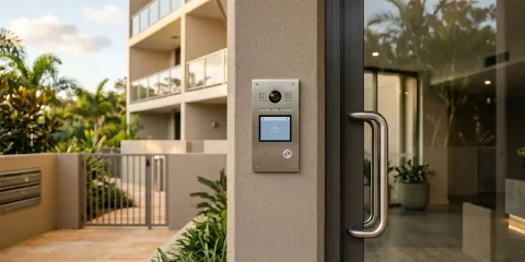 Video intercom at a strata apartment entry managed by a property manager