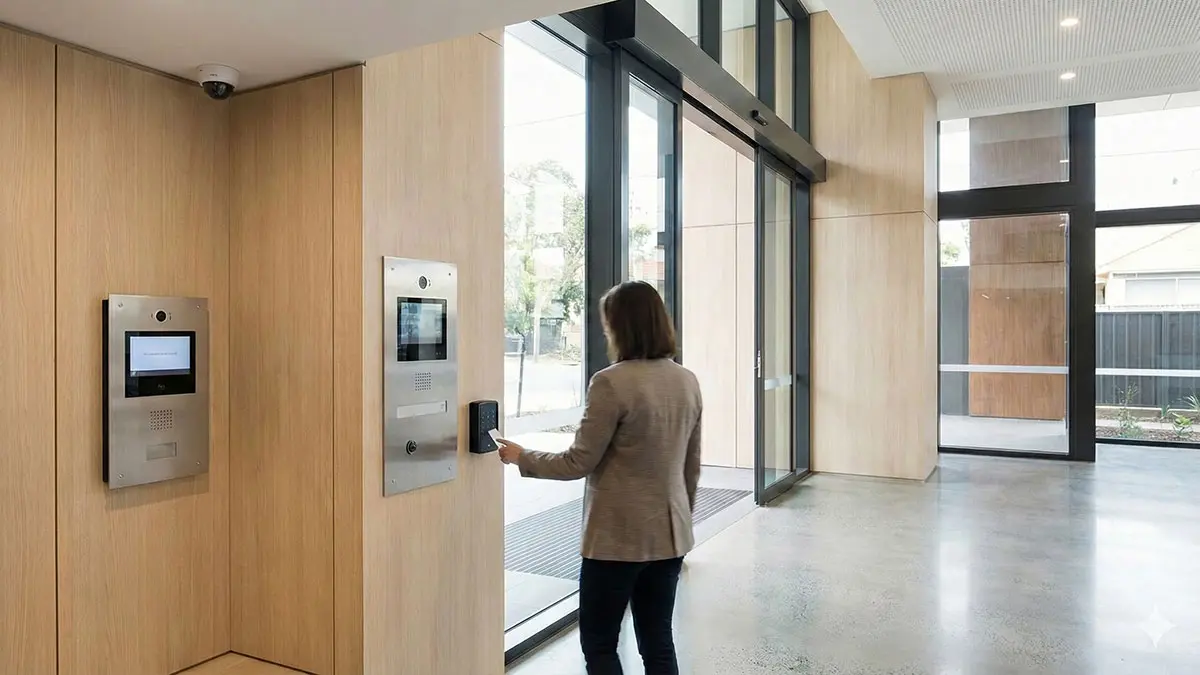Modern apartment building with secure access control