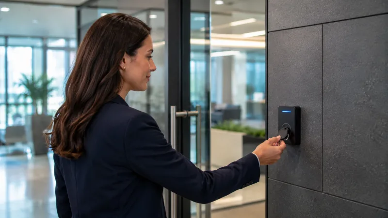 Hand holding an RFID fob up to a door reader