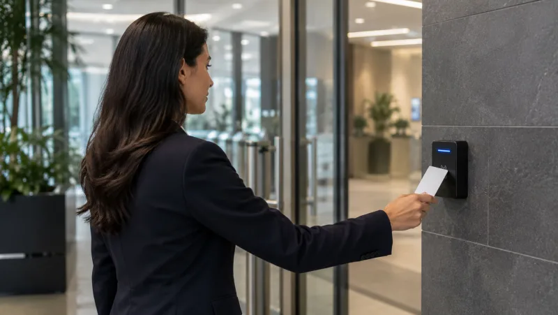 Employee presenting an access card to a card reader at an office door