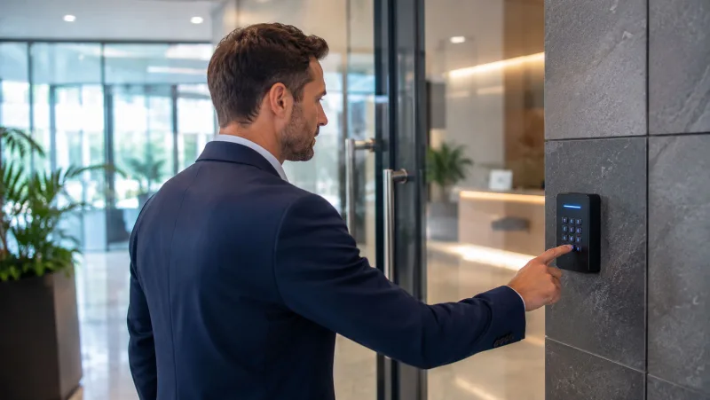 Person entering a PIN on a wall-mounted access control keypad