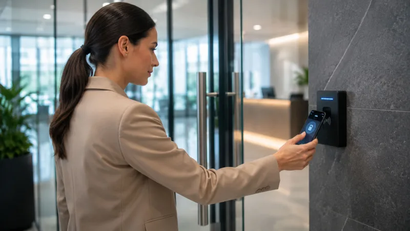 Person unlocking a door using a smartphone mobile credential