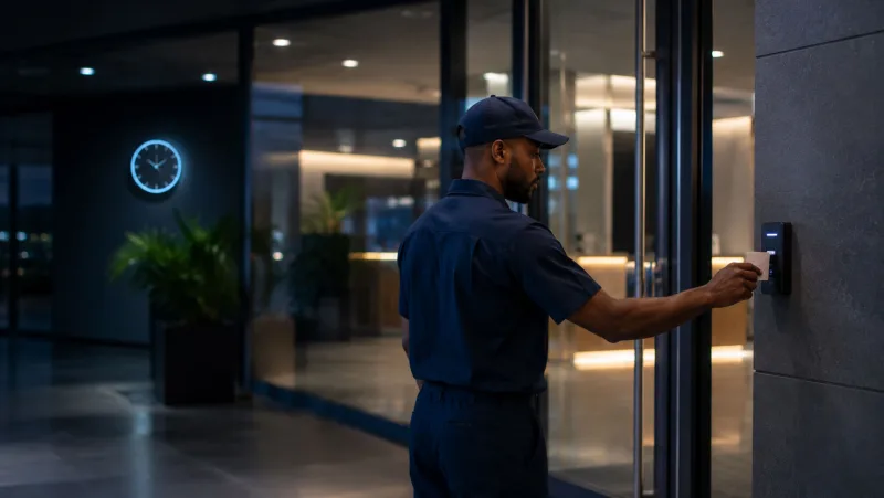 Worker presenting a credential to a door reader after hours