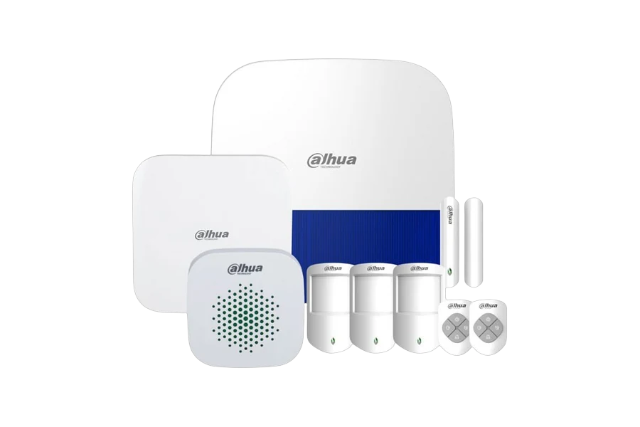 Dahua AirShield wireless business alarm kit: hub, three pet PIR sensors, door reed, indoor and outdoor sirens and a remote