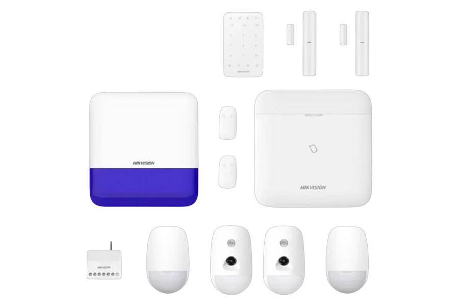 Hikvision AX PRO wireless business alarm kit: hub, keypad, three PIR detectors and indoor and outdoor sounders