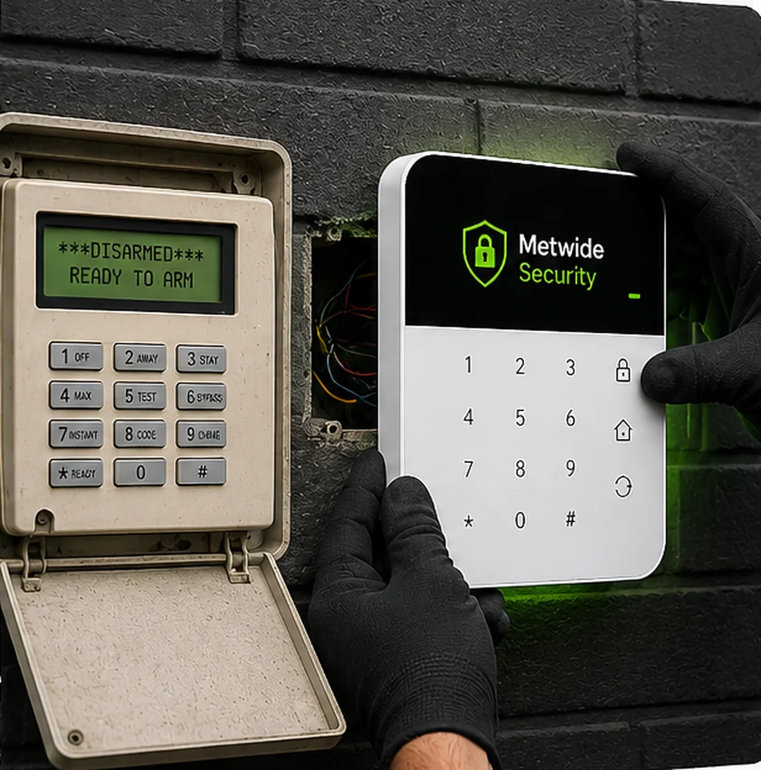 Technician fitting a new white Metwide-branded alarm communicator beside an older commercial alarm keypad reading disarmed, ready to arm